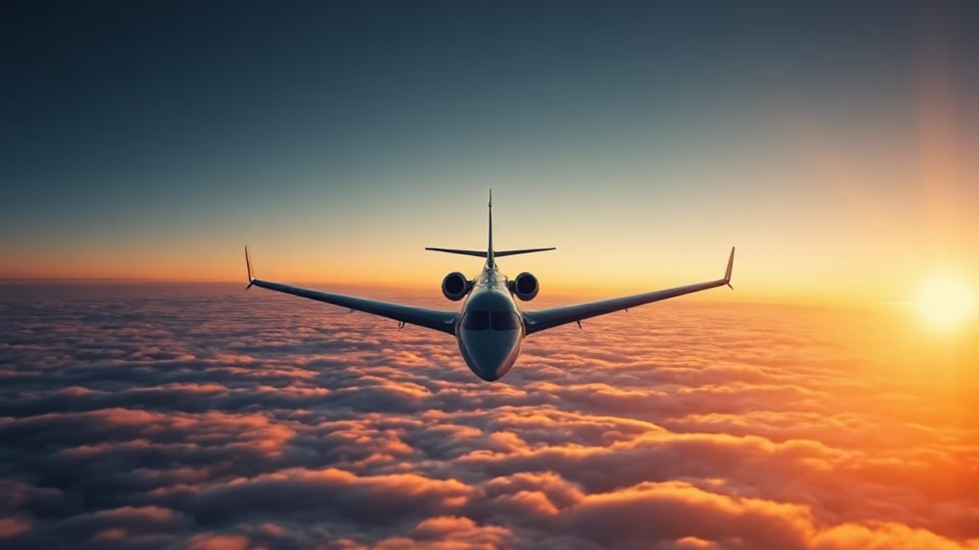 A private jet climbing above a sunrise cloud layer, deep navy sky meeting warm champagne light at the horizon.